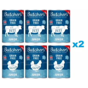 Comanda online BUTCHER'S Original Junior Mix arome hrana catelusi 12x400g bucati de vita si pui in aspic