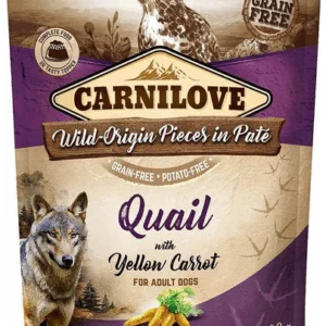 Comanda online CARNILOVE hrana umeda pentru caini cu prepelita si morcov galbena 300g