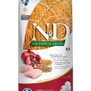 Comanda online FARMINA N&D Ancestral Grain Puppy Medium&Maxi Chicken&Pomegranate hrana uscata caini juniori talie medie/mare