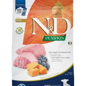 Comanda online FARMINA N&D GF Pumpkin Puppy Mini - Hrană uscată pentru cățeluși cu miel și afine 800 g