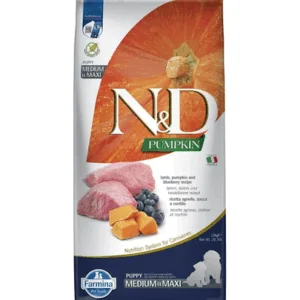 Comanda online FARMINA N&D GF Puppy Medium&Maxi Pumpkin Lamb&Blueberry hrana uscata caini juniori talie medie/mare