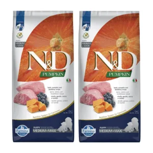 Comanda online FARMINA N&D GF Puppy Medium&Maxi Pumpkin Lamb&Blueberry hrana uscata catei talie medie si mare