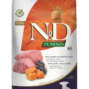 Comanda online FARMINA N&D GF Puppy Mini Pumpkin Lamb&Blueberry hrana uscata catei talie mica
