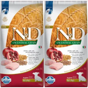 Comanda online FARMINA N&D Low Grain Chicken & Pomegranate Mini Puppy 2 x 7 kg hrana uscata caini juniori talie mica