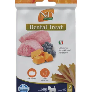 Comanda online FARMINA N&D Pumpkin Dental Treat Lamb Blueberry Mini 60 g recompensa dentara caini de talie mica