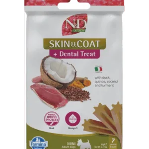 Comanda online FARMINA N&D Quinoa Dental Treat Skin Coat Duck Mini 60 g recompensa dentara cu rata