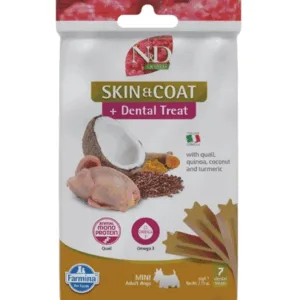 Comanda online FARMINA N&D Quinoa Dental Treat Skin Coat Quail Mini 60 g baton dentar caini de talie mica