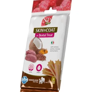 Comanda online FARMINA N&D Quinoa Dental Treat Skin Coat Venison Medium/Maxi 100 g Batoane pentru caine talie medie si mare