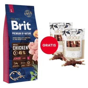 Comanda online Hrana catelus BRIT Premium By Nature Junior Large L Chicken 15 kg + WOOLF Chicken And Rawhide Twister 2 x 100g GRATIS