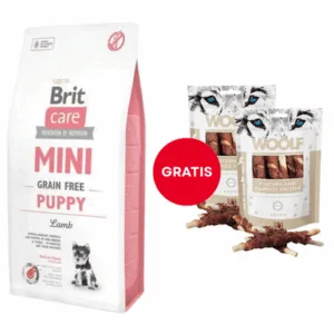 Comanda online Hrana cu miel BRIT Care Mini Grain Free Mini Puppy Lamb 7 kg + WOOLF Chicken And Rawhide Twister 2 x 100g GRATIS