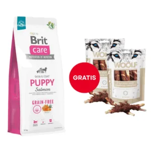 Comanda online Hrana cu somon BRIT Care Grain-free Puppy 12 kg + WOOLF Chicken And Rawhide Twister 2 x 100g GRATIS