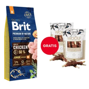 Comanda online Mancare caini BRIT Premium By Nature Junior Medium M Chicken 15 kg + WOOLF Chicken And Rawhide Twister 2 x 100g GRATIS