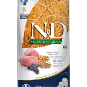 Comanda online N&D Low Grain Dog Lamb & Blueberry Puppy Medium & Maxi Sac hrana catei talie medie si mare