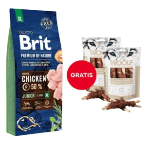 Comanda online Pachet BRIT Premium By Nature Junior Extra Large XL Chicken 15 kg + WOOLF Chicken And Rawhide Twister 2 x 100g GRATIS