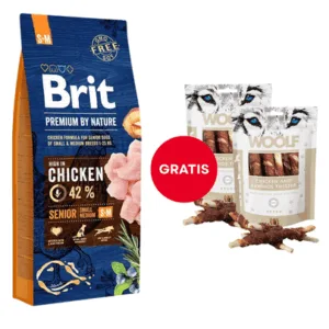 Comanda online Pachet BRIT Premium By Nature Senior Small Medium S+M Chicken 15 kg + WOOLF Chicken And Rawhide Twister 2 x 100g GRATIS