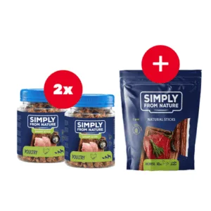 Comanda online SIMPLY FROM NATURE Smart Bites recompense caini 2 x 130 g cu pasare + snack GRATIS